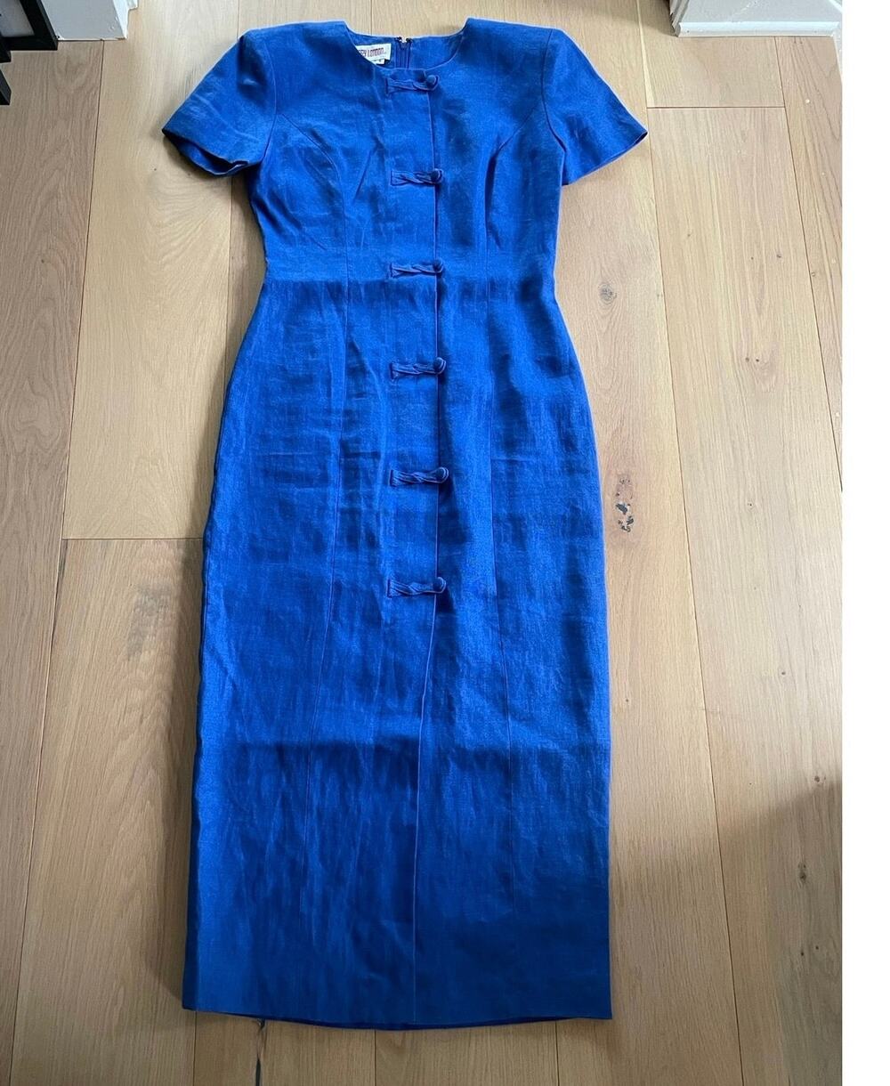 Vintage Maggie London blue linen dress 8